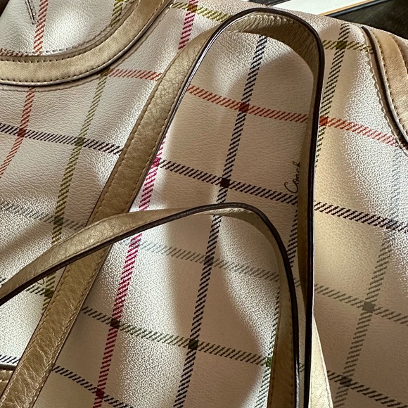 Coach Peyton Tattersall Tote Bag in White with Plaid Pattern and Pink Accent - Picture 8 of 9